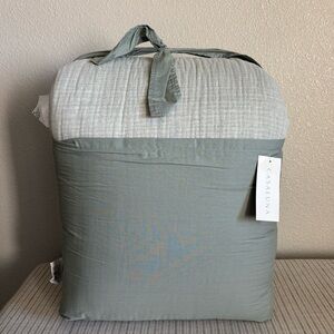 NWT Full/Queen Textured Chambray Cotton Comforter & Sham Set Sage Green Casaluna